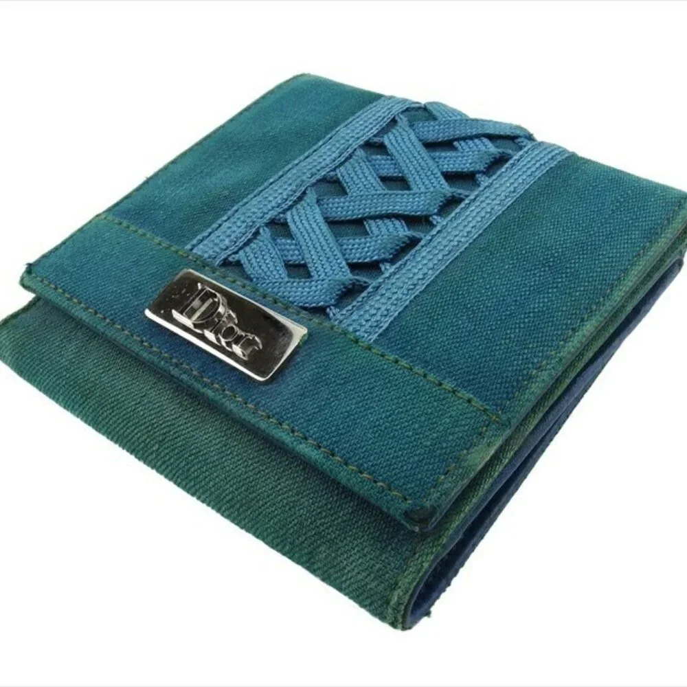 Dior Bifold Wallet Blue Green Silver Women Authentic secondhand